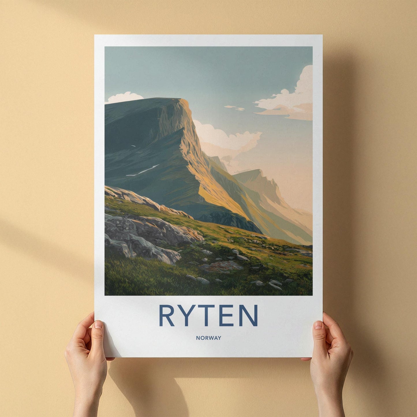 Ryten Poster - Norway Travel Art - Sunlit Mountain Cliff Home Decor