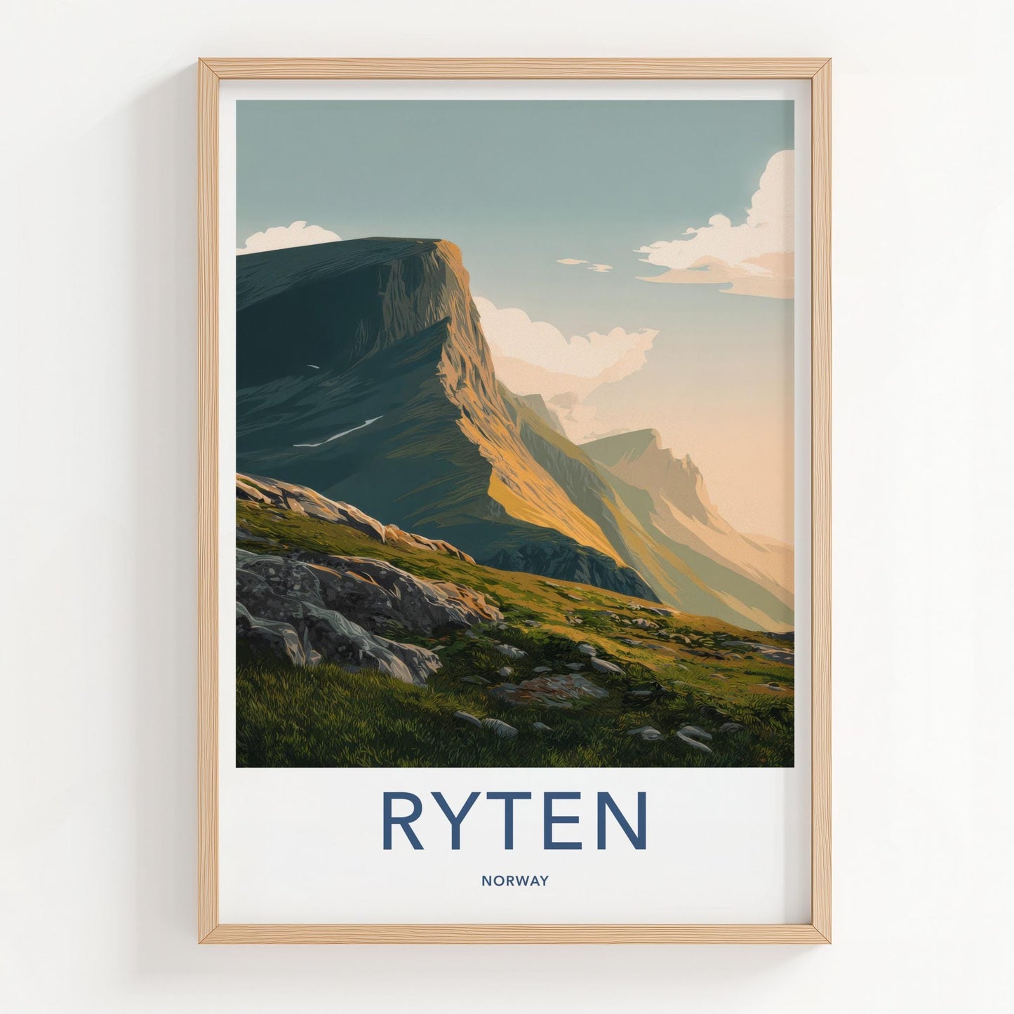 Ryten Poster - Norway Travel Art - Sunlit Mountain Cliff Home Decor