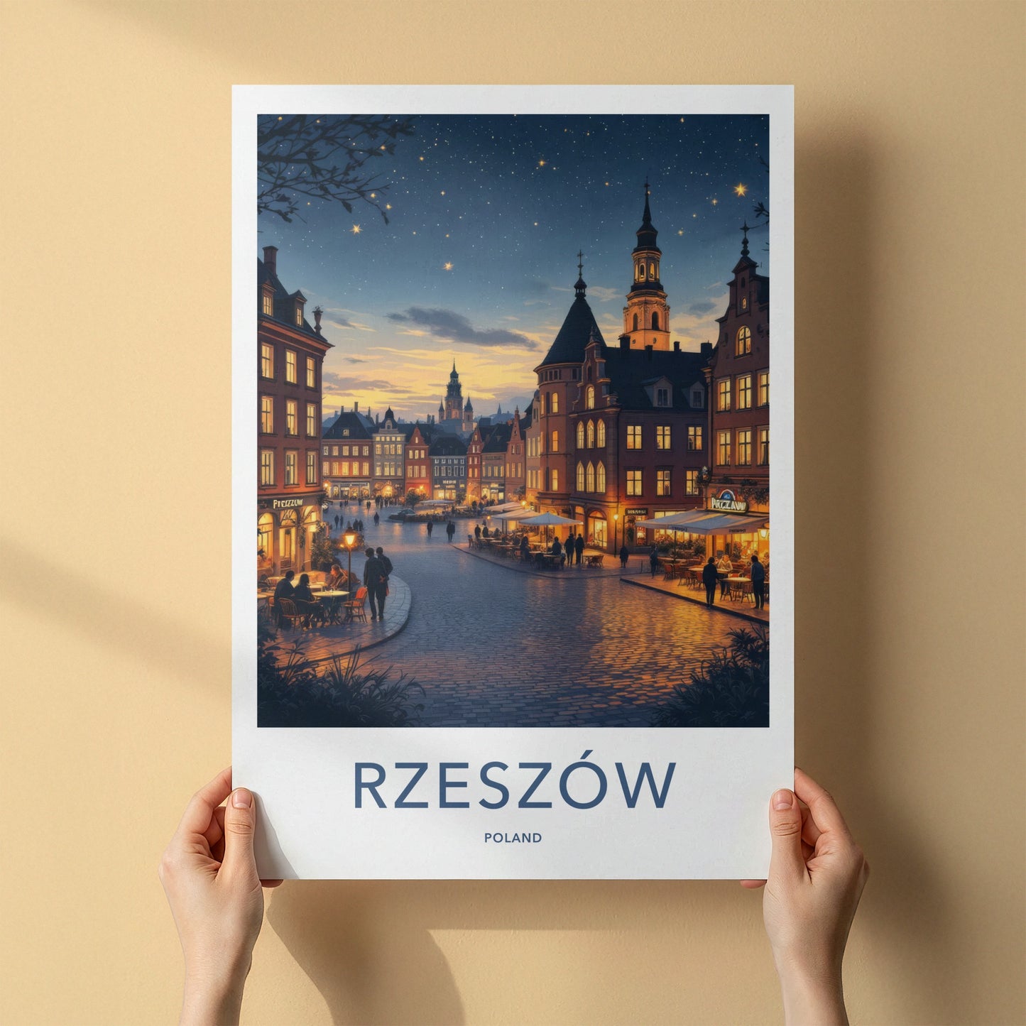 Rzeszow Poster - Poland Travel Print - Illuminated Square Night Wall Decor