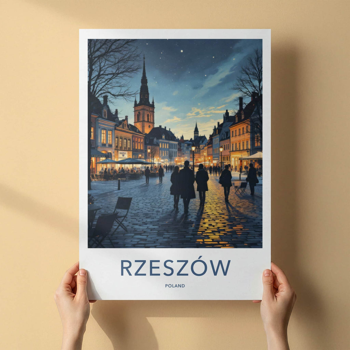 Rzeszow Poster - Poland Travel Print - Illuminated Town Square Home Decor