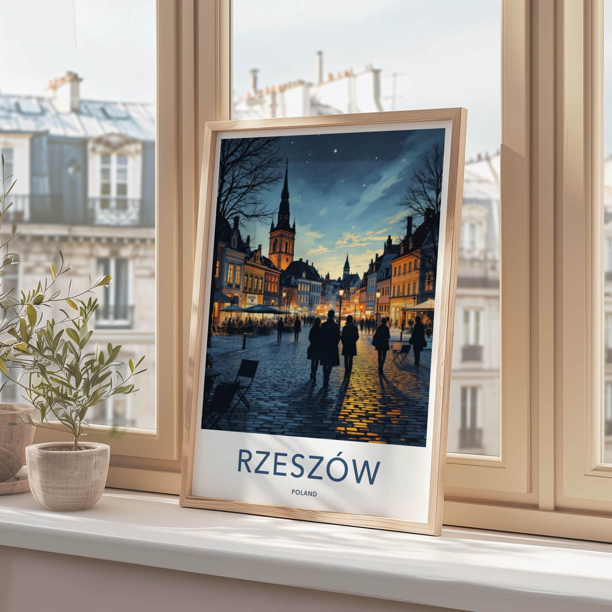 Rzeszow Poster - Poland Travel Print - Illuminated Town Square Home Decor