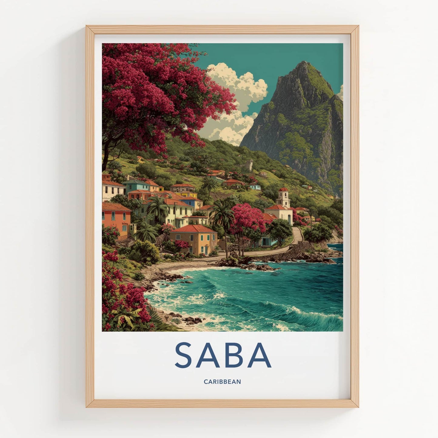 Saba Poster - Caribbean Travel Art - Coastal Village Scene Gallery Art