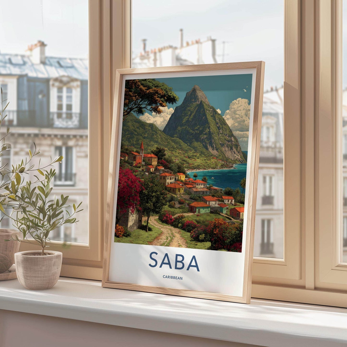Saba Poster - Caribbean Travel Art - Island Village Seascape Wall Decor