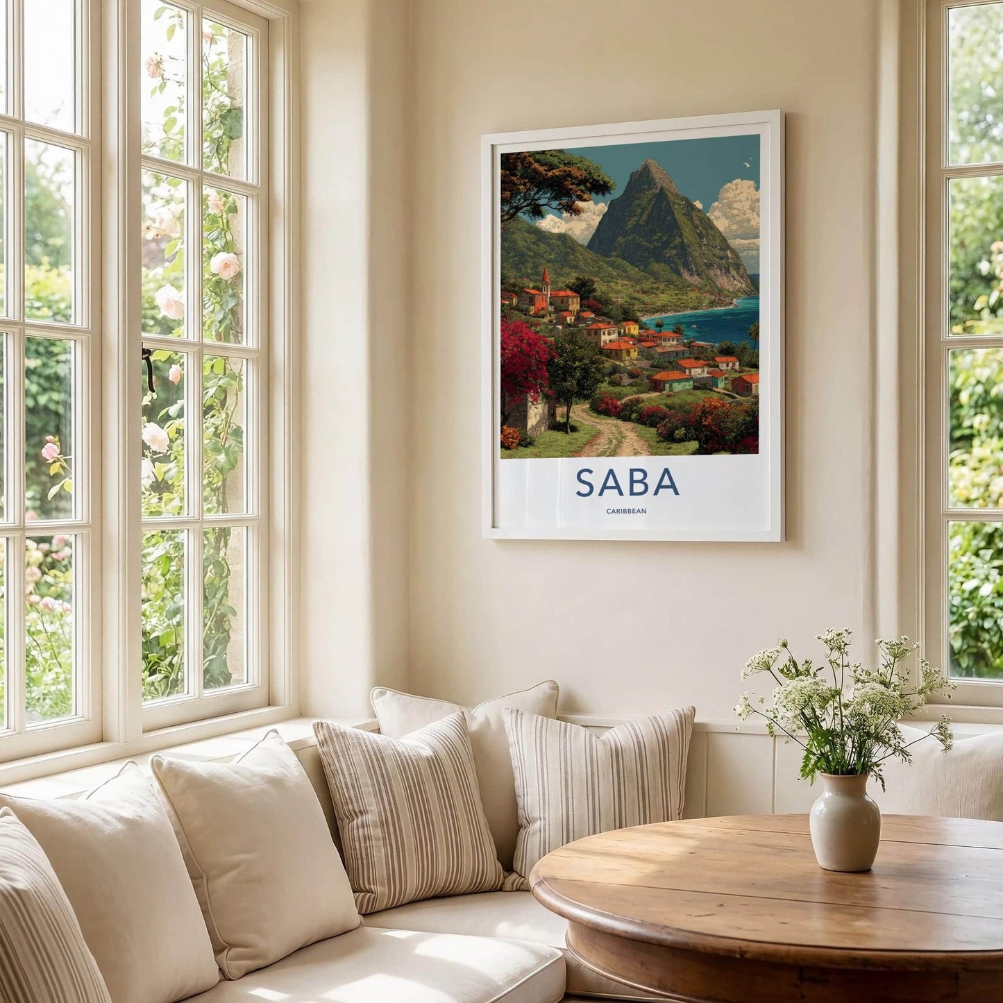 Saba Poster - Caribbean Travel Art - Island Village Seascape Wall Decor
