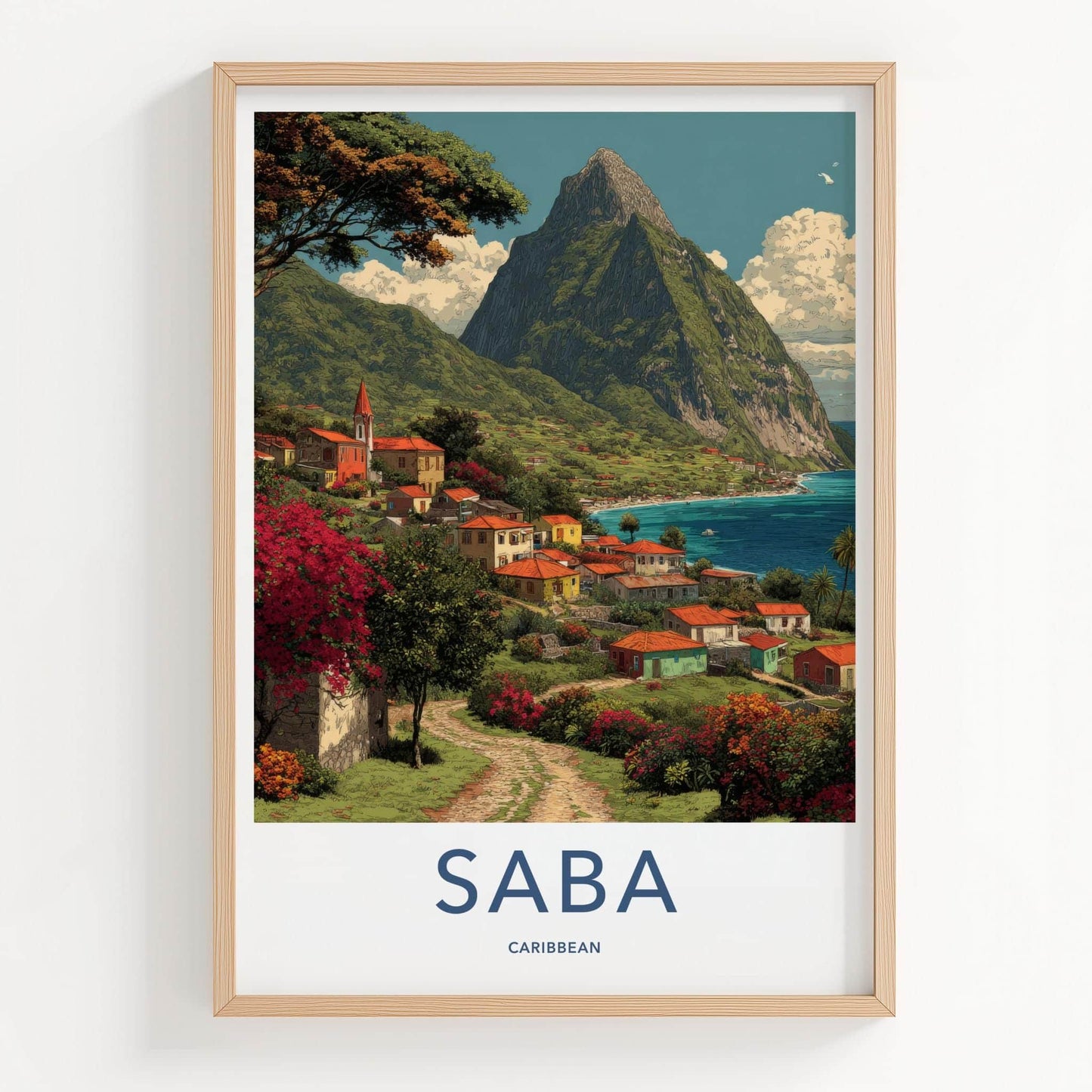 Saba Poster - Caribbean Travel Art - Island Village Seascape Wall Decor
