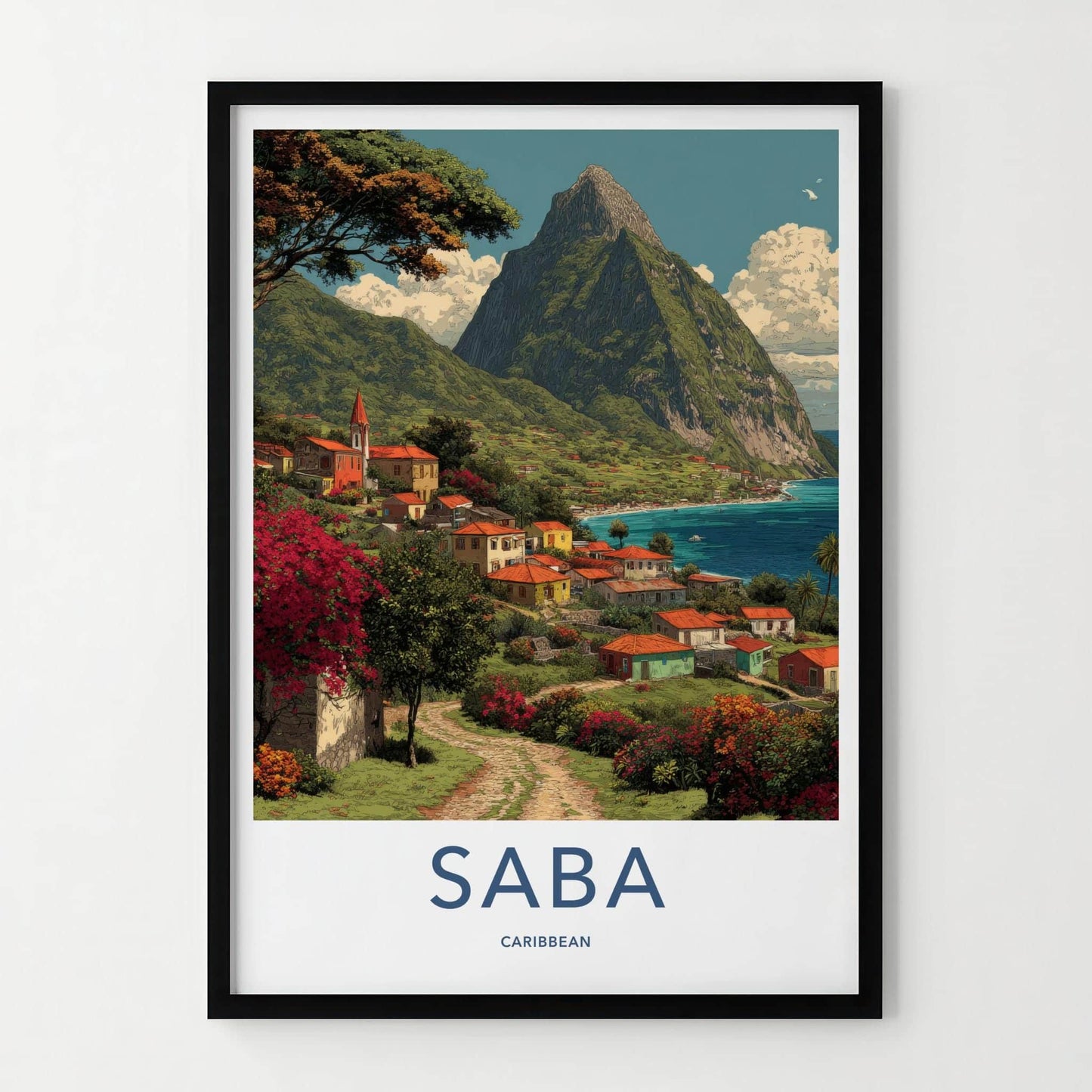 Saba Poster - Caribbean Travel Art - Island Village Seascape Wall Decor
