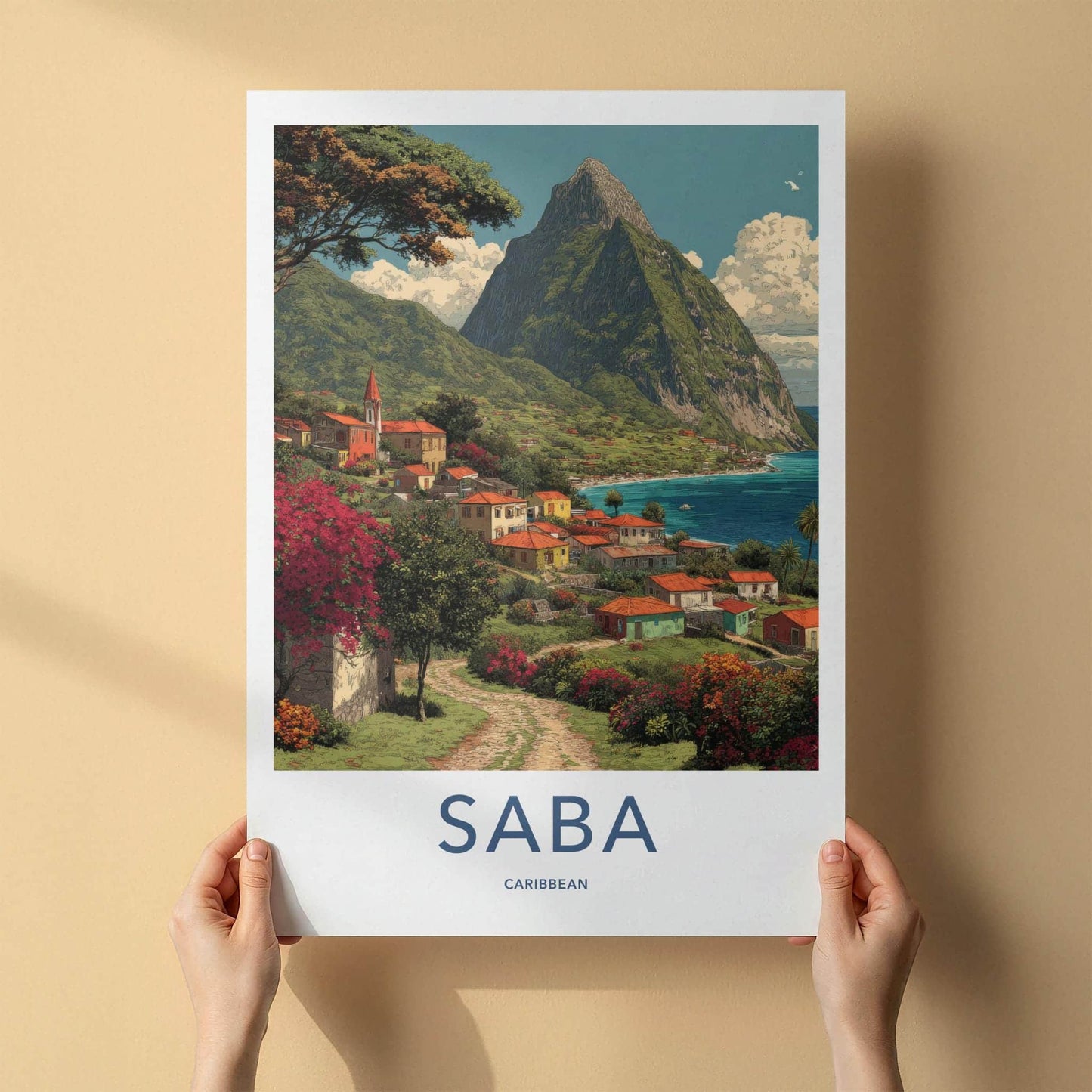 Saba Poster - Caribbean Travel Art - Island Village Seascape Wall Decor