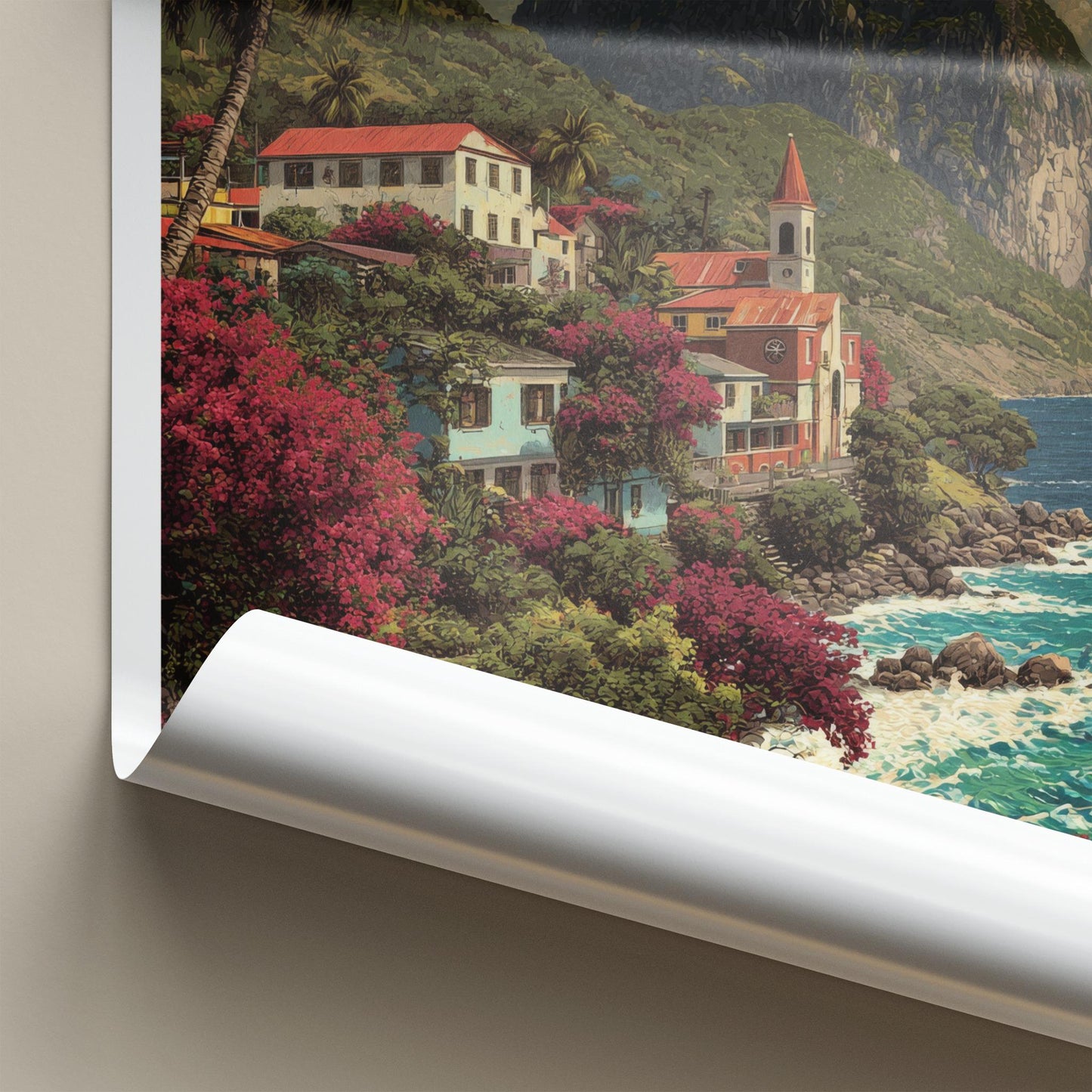 Saba Poster - Netherlands Travel Art - Colorful Coastal Town Wall Decor