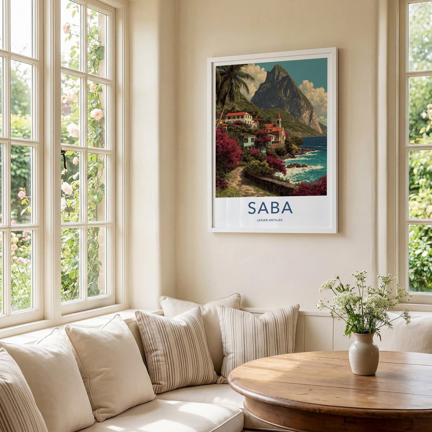 Saba Poster - Netherlands Travel Art - Colorful Coastal Town Wall Decor