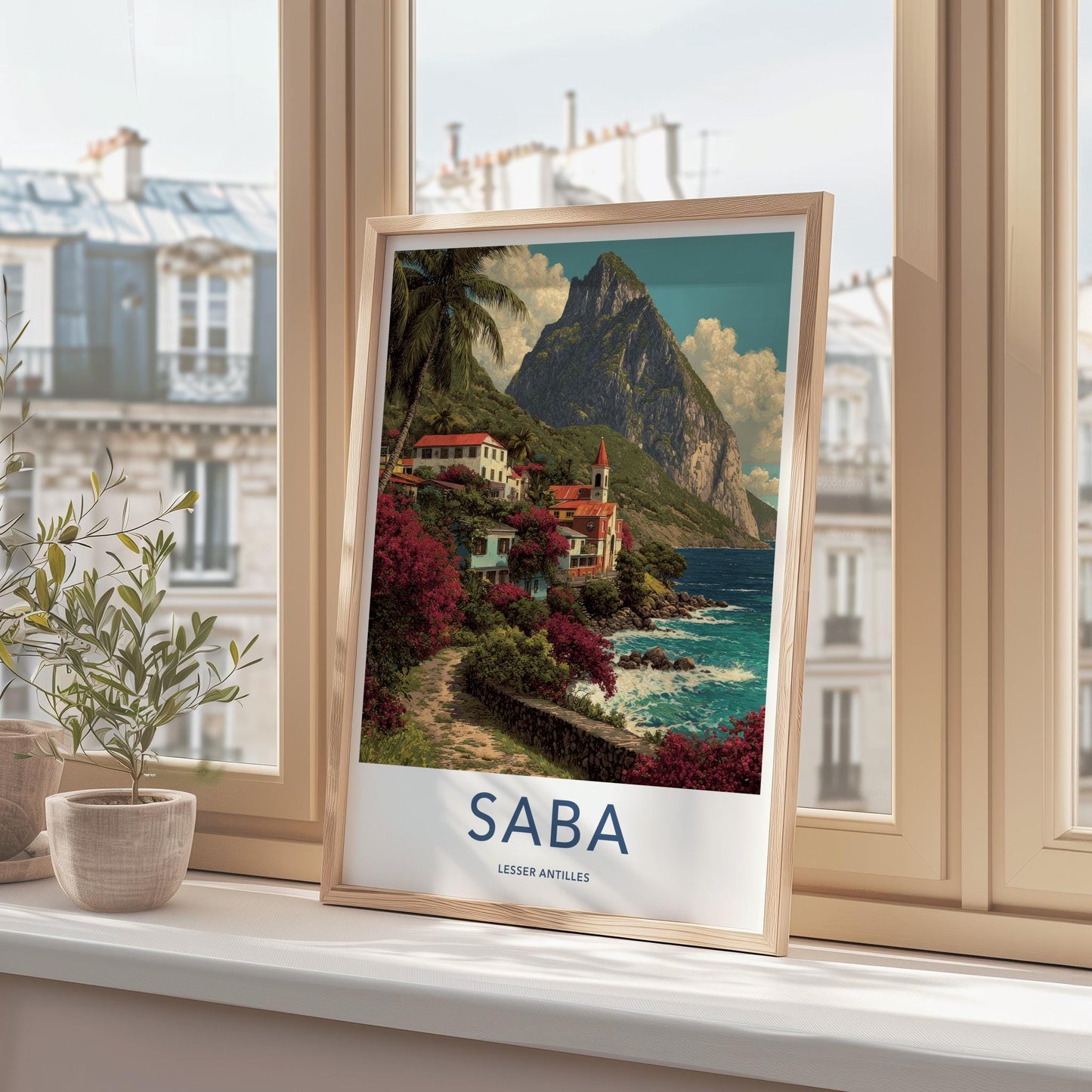Saba Poster - Netherlands Travel Art - Colorful Coastal Town Wall Decor