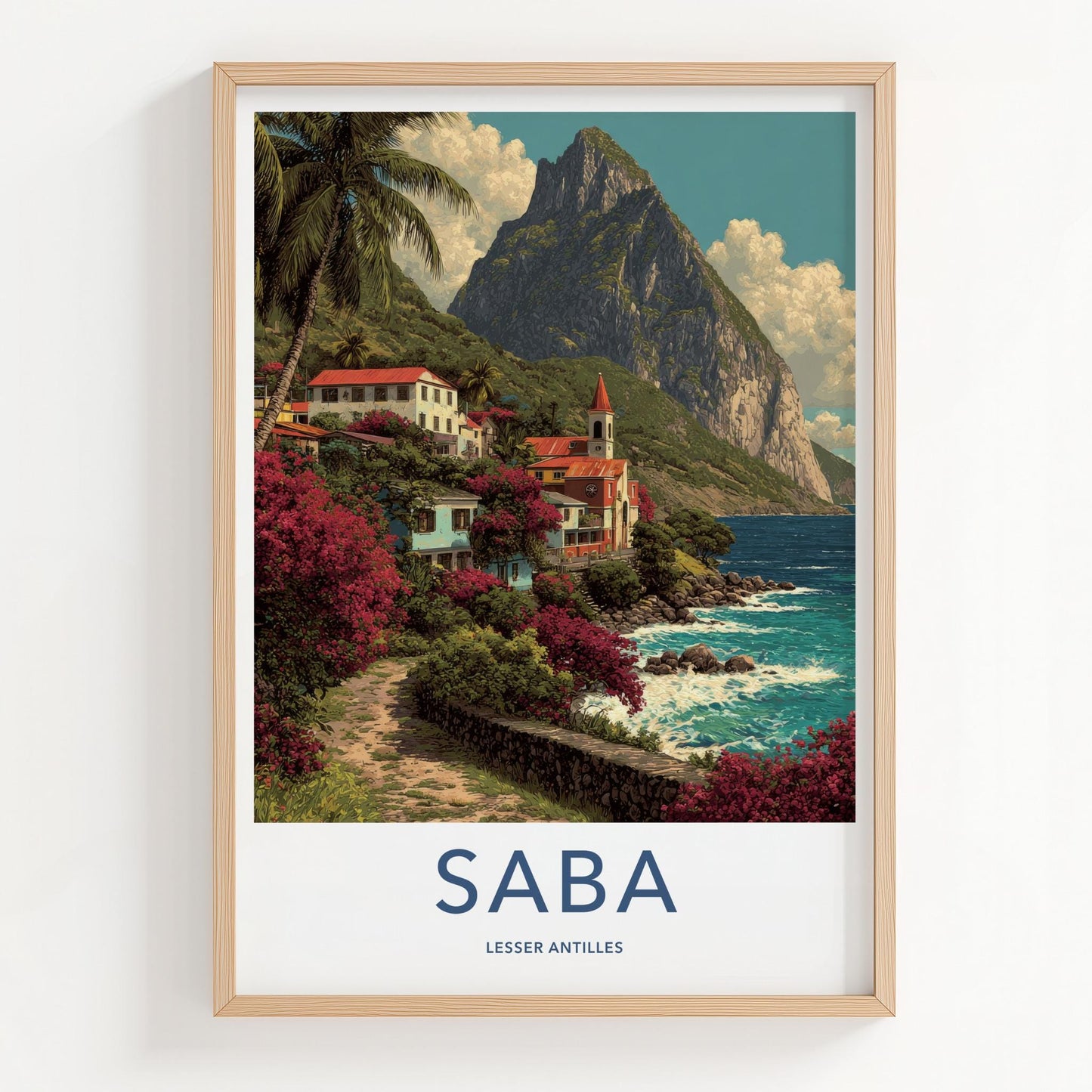 Saba Poster - Netherlands Travel Art - Colorful Coastal Town Wall Decor