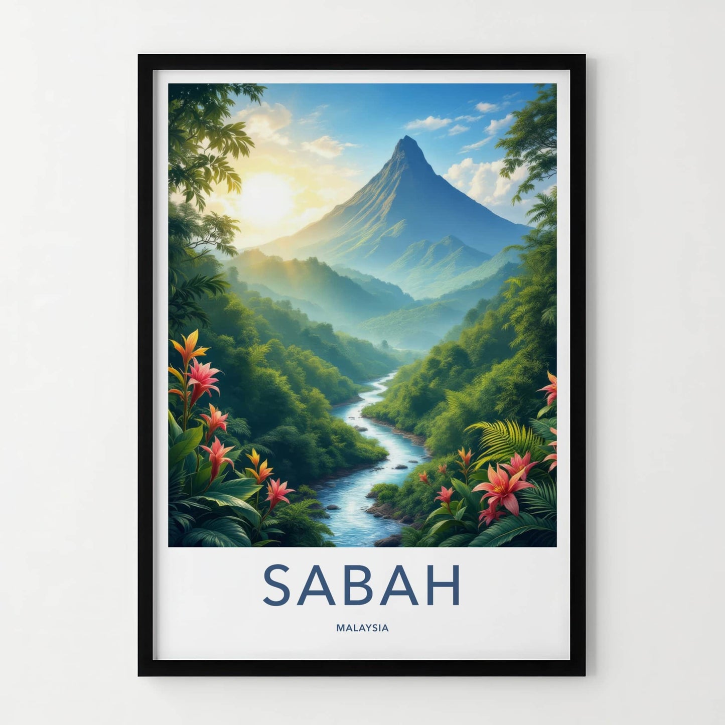 Sabah Poster - Malaysia Travel Art - Sunrise Mountain Stream Wall Decor