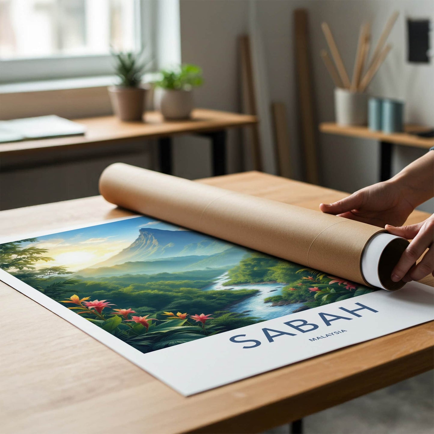 Sabah Poster - Malaysia Travel Art - Sunrise Mountain Stream Wall Decor