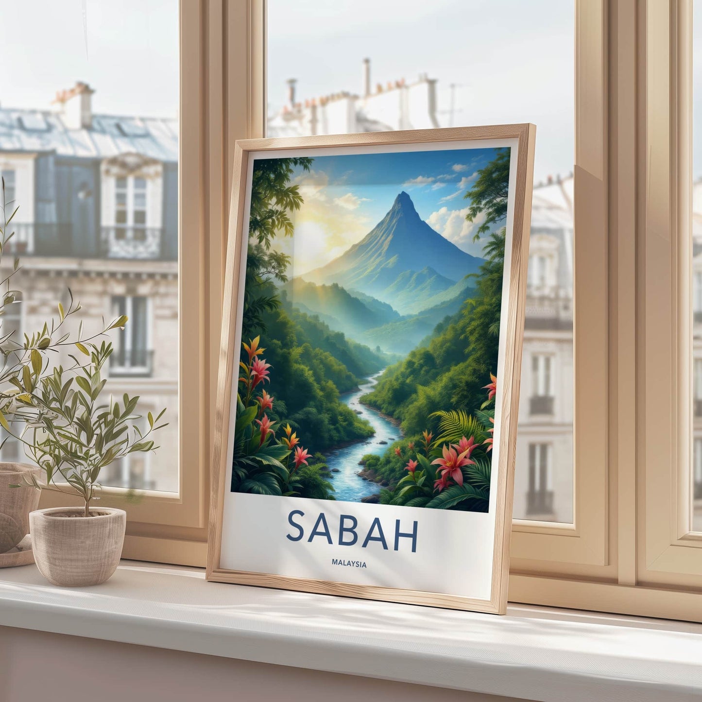 Sabah Poster - Malaysia Travel Art - Sunrise Mountain Stream Wall Decor
