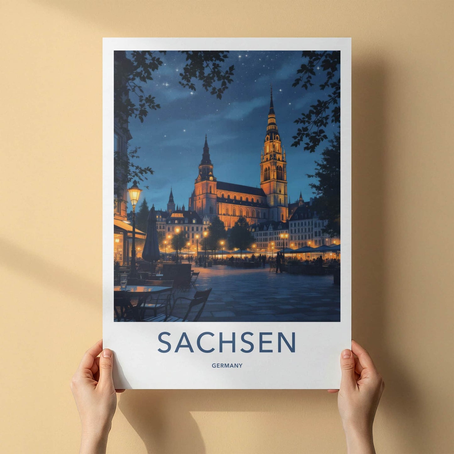 Sachsen Poster - Germany Travel Art - Illuminated Church Starry Home Decor