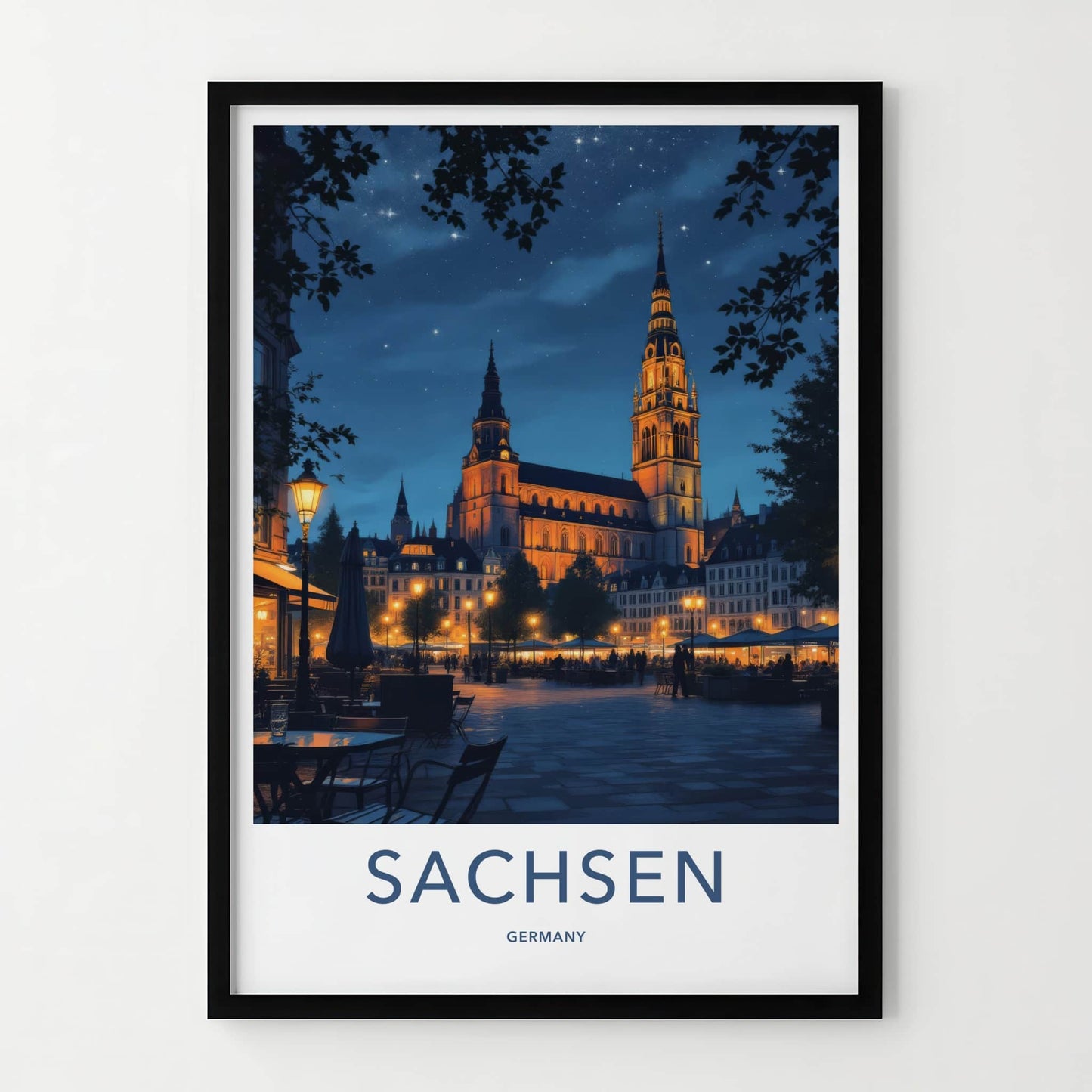 Sachsen Poster - Germany Travel Art - Illuminated Church Starry Home Decor