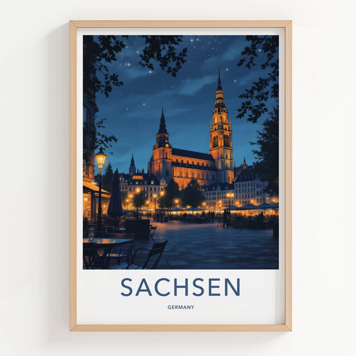 Sachsen Poster - Germany Travel Art - Illuminated Church Starry Home Decor