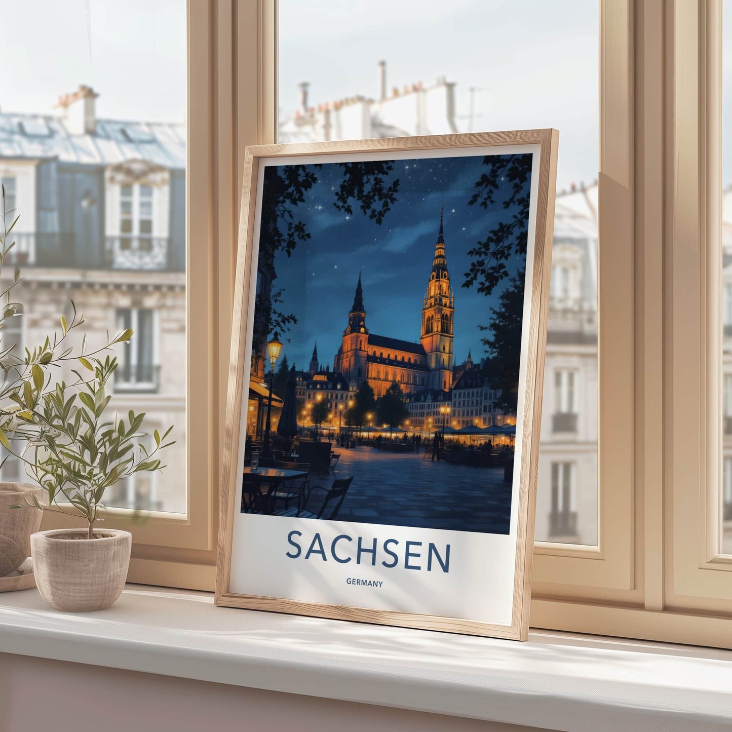 Sachsen Poster - Germany Travel Art - Illuminated Church Starry Home Decor