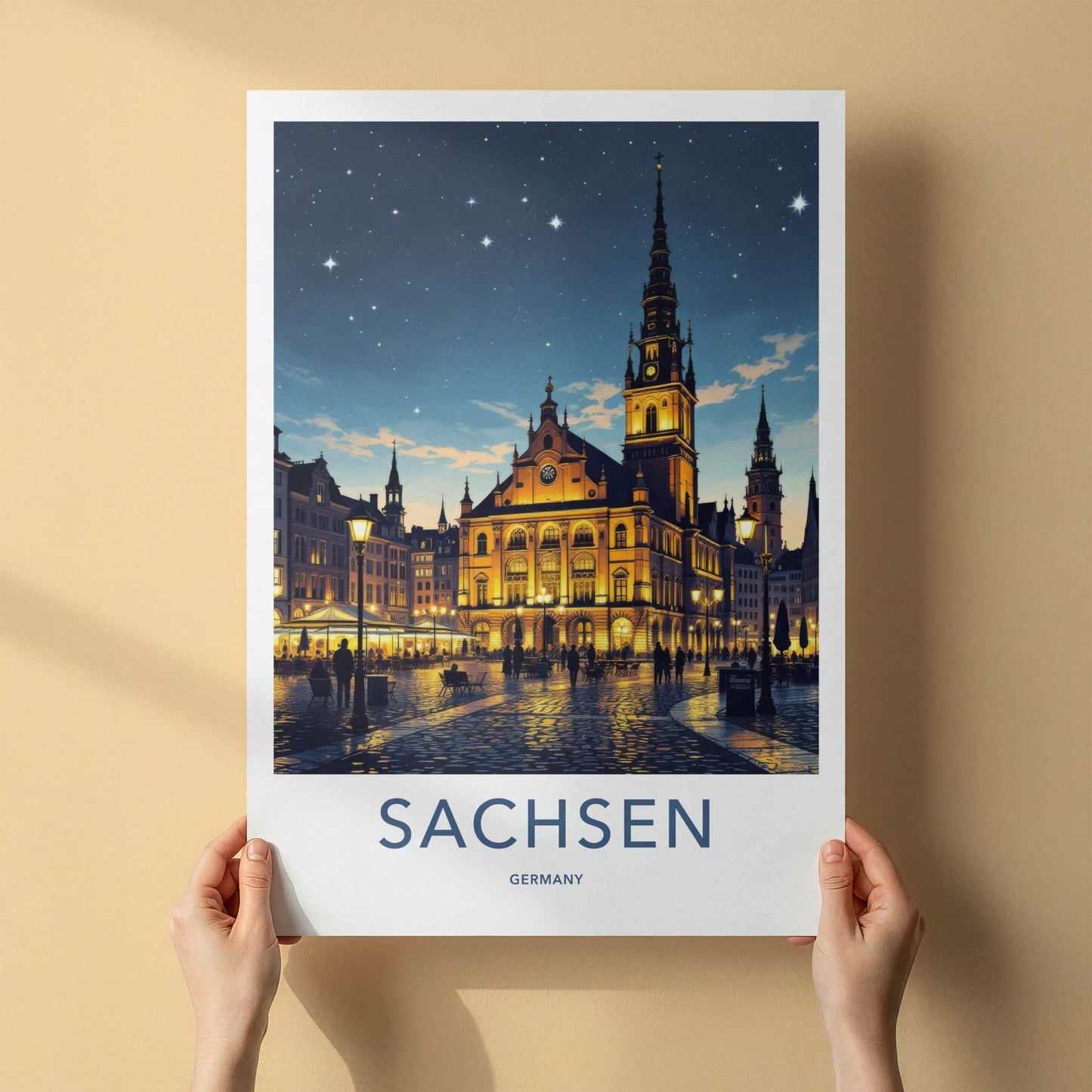 Sachsen Poster - Germany Travel Print - Illuminated Town Hall Gallery Art