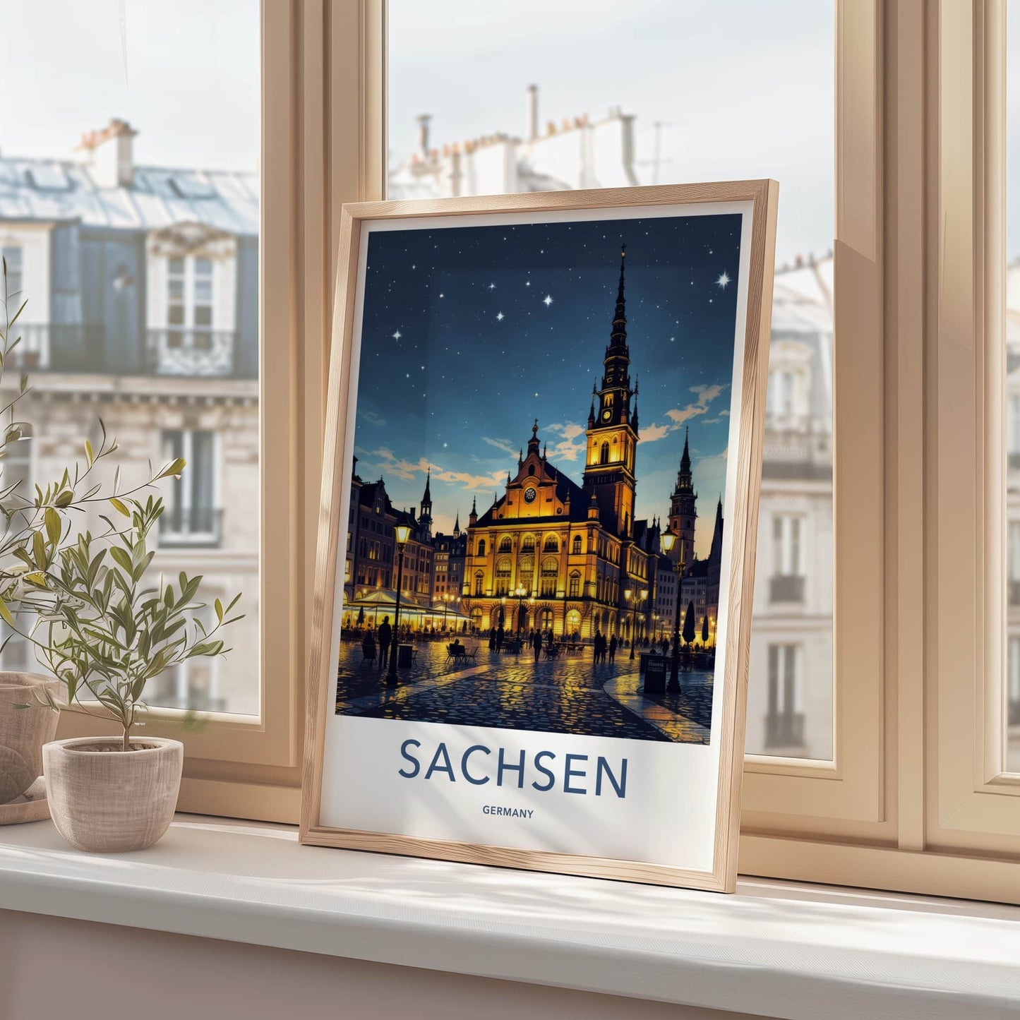 Sachsen Poster - Germany Travel Print - Illuminated Town Hall Gallery Art