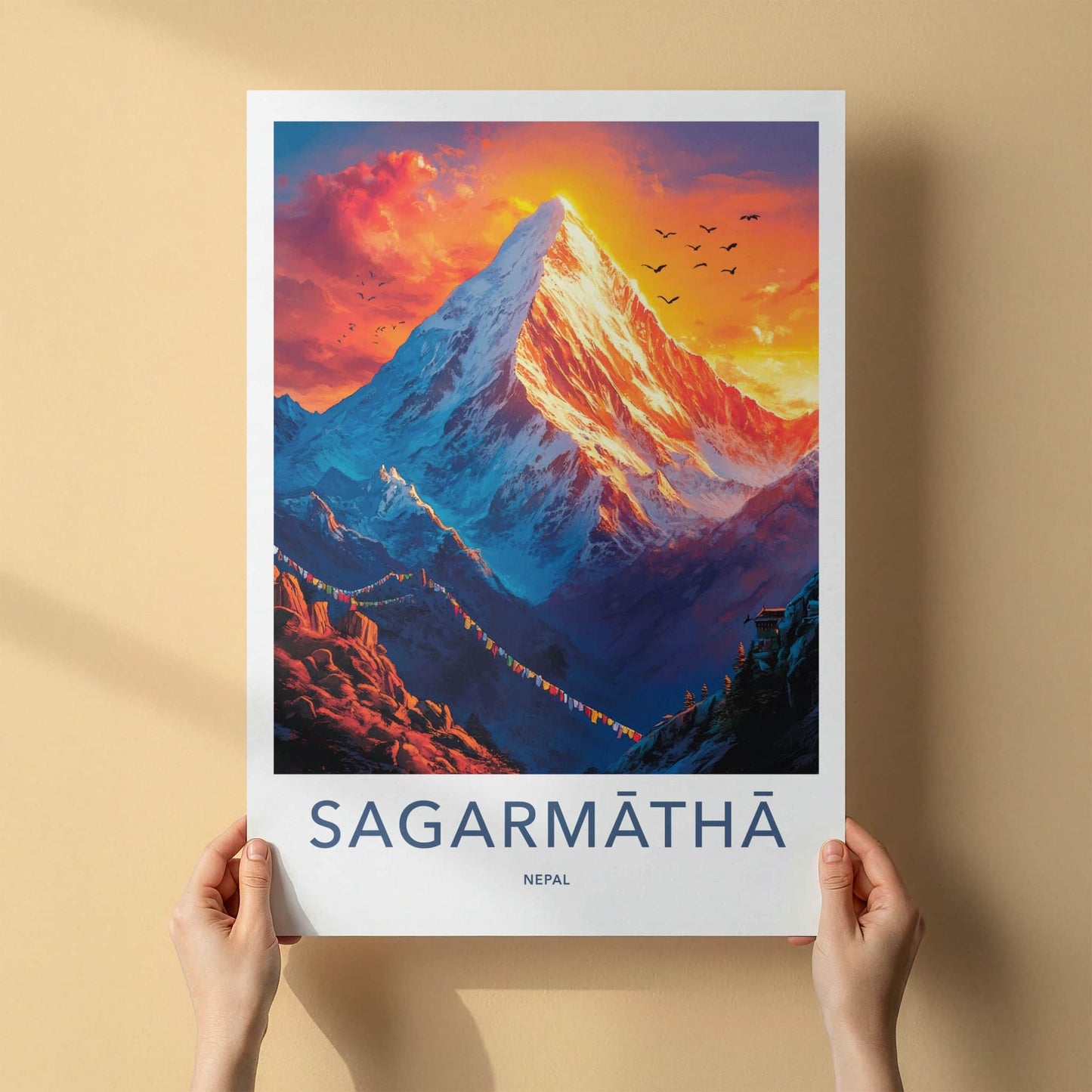 Sagarmatha Poster - Nepal Wall Art - Glowing Peak Birds Home Decor