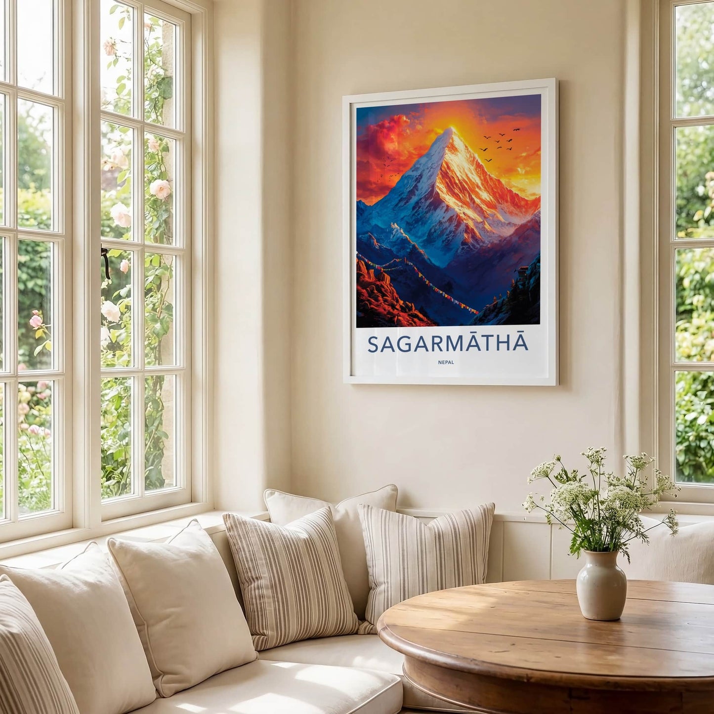 Sagarmatha Poster - Nepal Wall Art - Glowing Peak Birds Home Decor