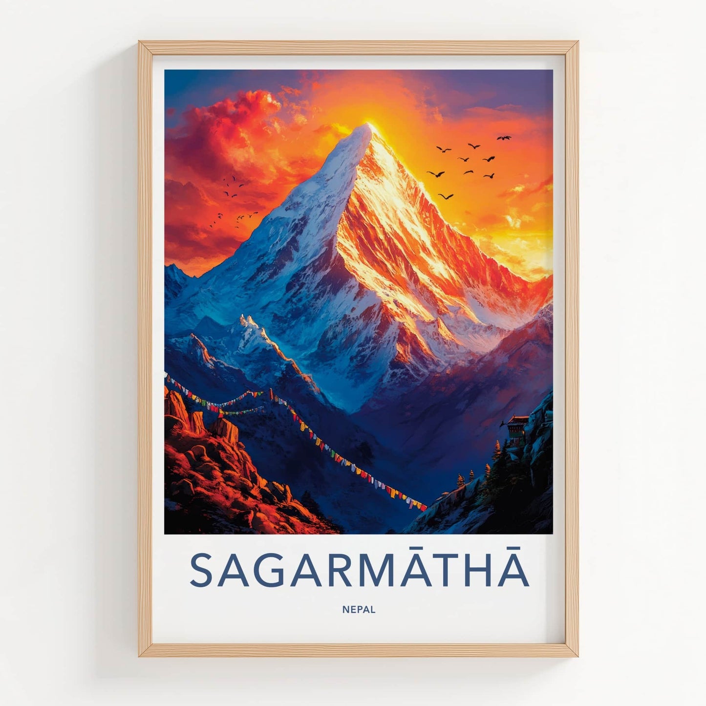 Sagarmatha Poster - Nepal Wall Art - Glowing Peak Birds Home Decor