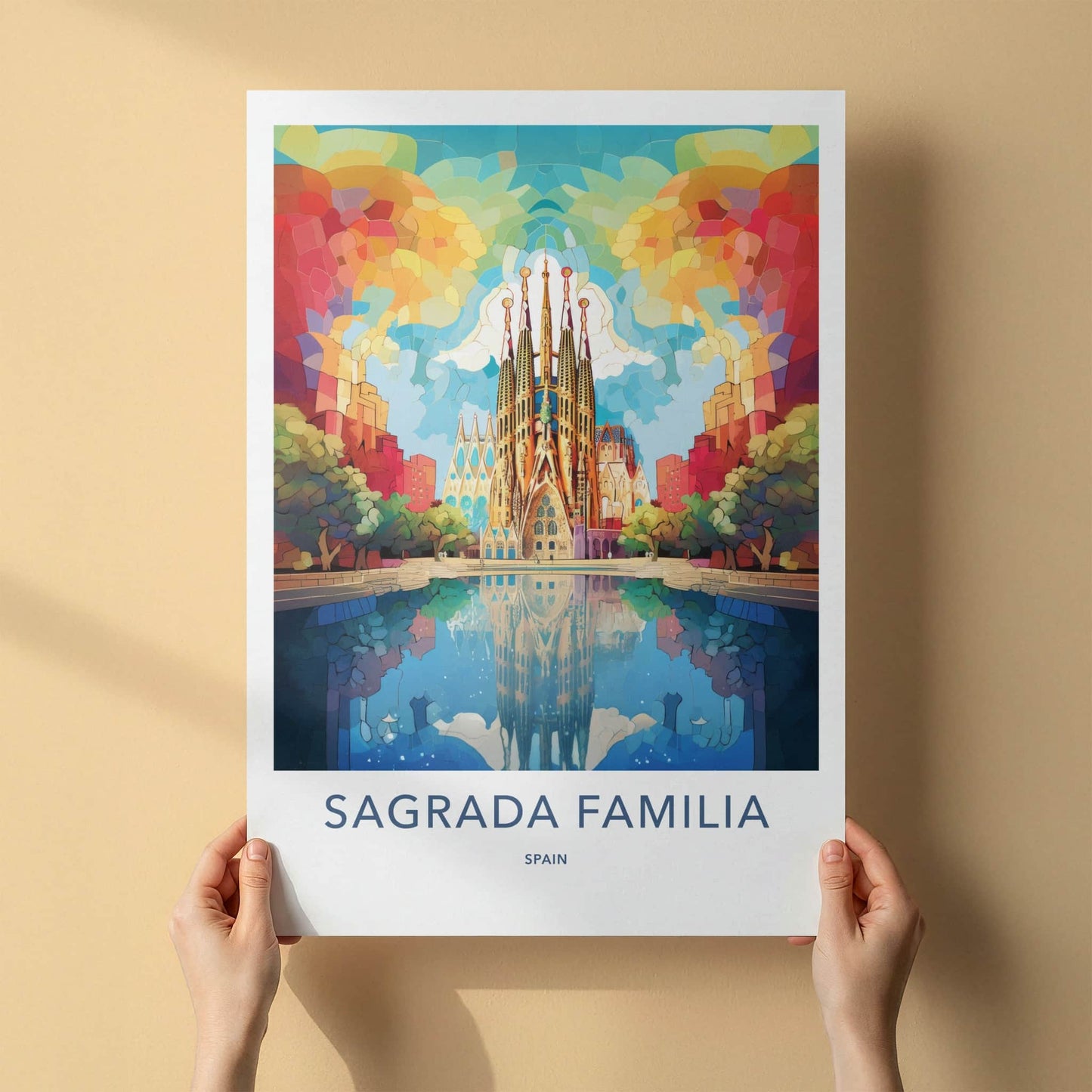 Sagrada Familia Poster - Spain Travel Art - Vibrant Temple Reflection Home Decor