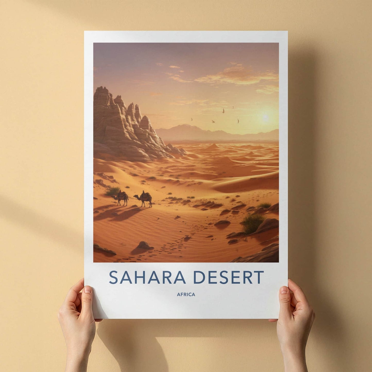 Sahara Desert Poster - Africa Travel Art - Golden Desert Camels Home Decor
