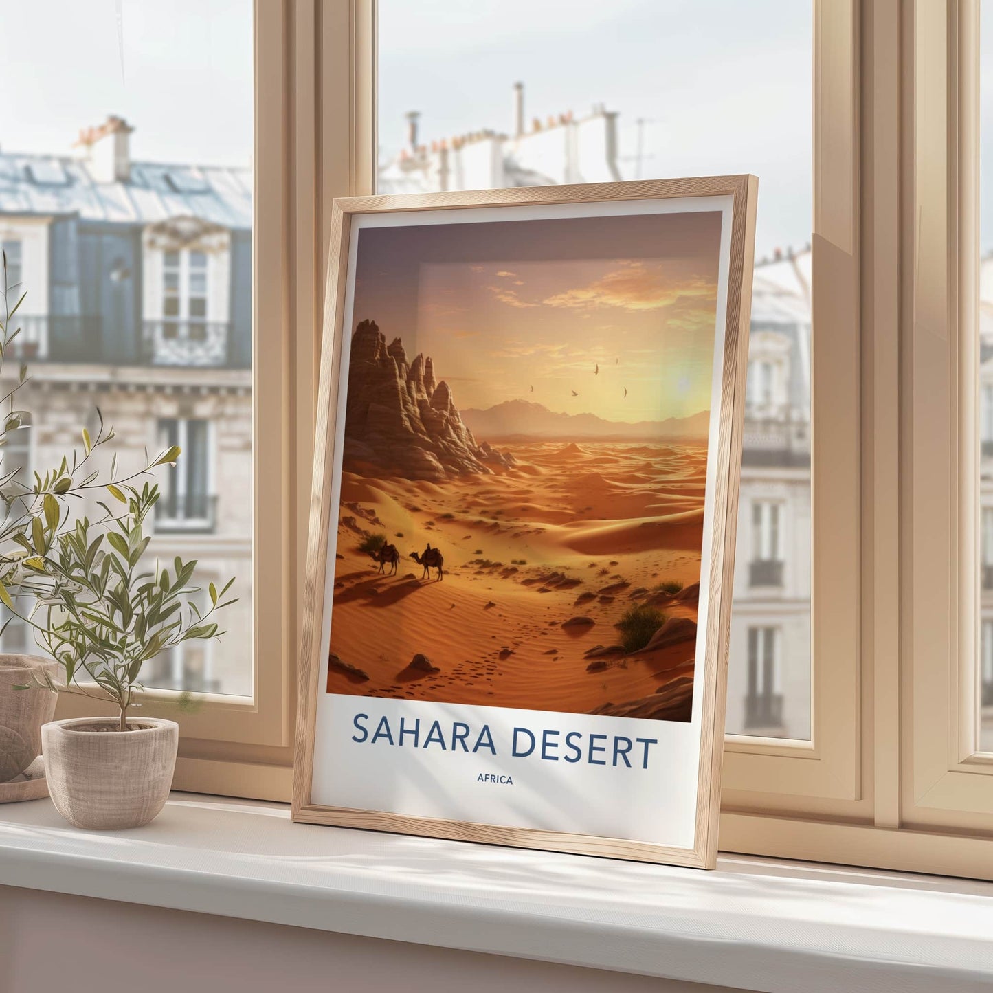 Sahara Desert Poster - Africa Travel Art - Golden Desert Camels Home Decor