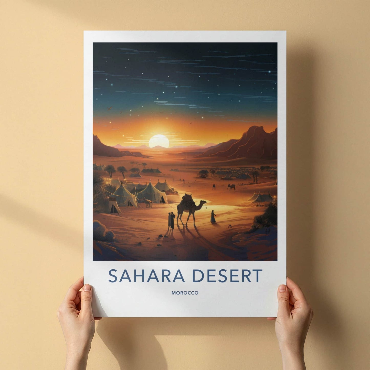 Sahara Desert Poster - Morocco Travel Art - Desert Camp Sunset Home Decor