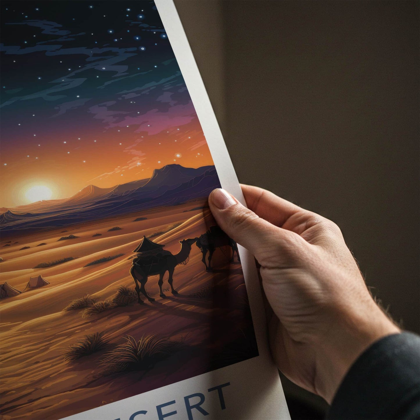 Sahara Desert Poster - Morocco Travel Art - Desert Sunset Camels Home Decor