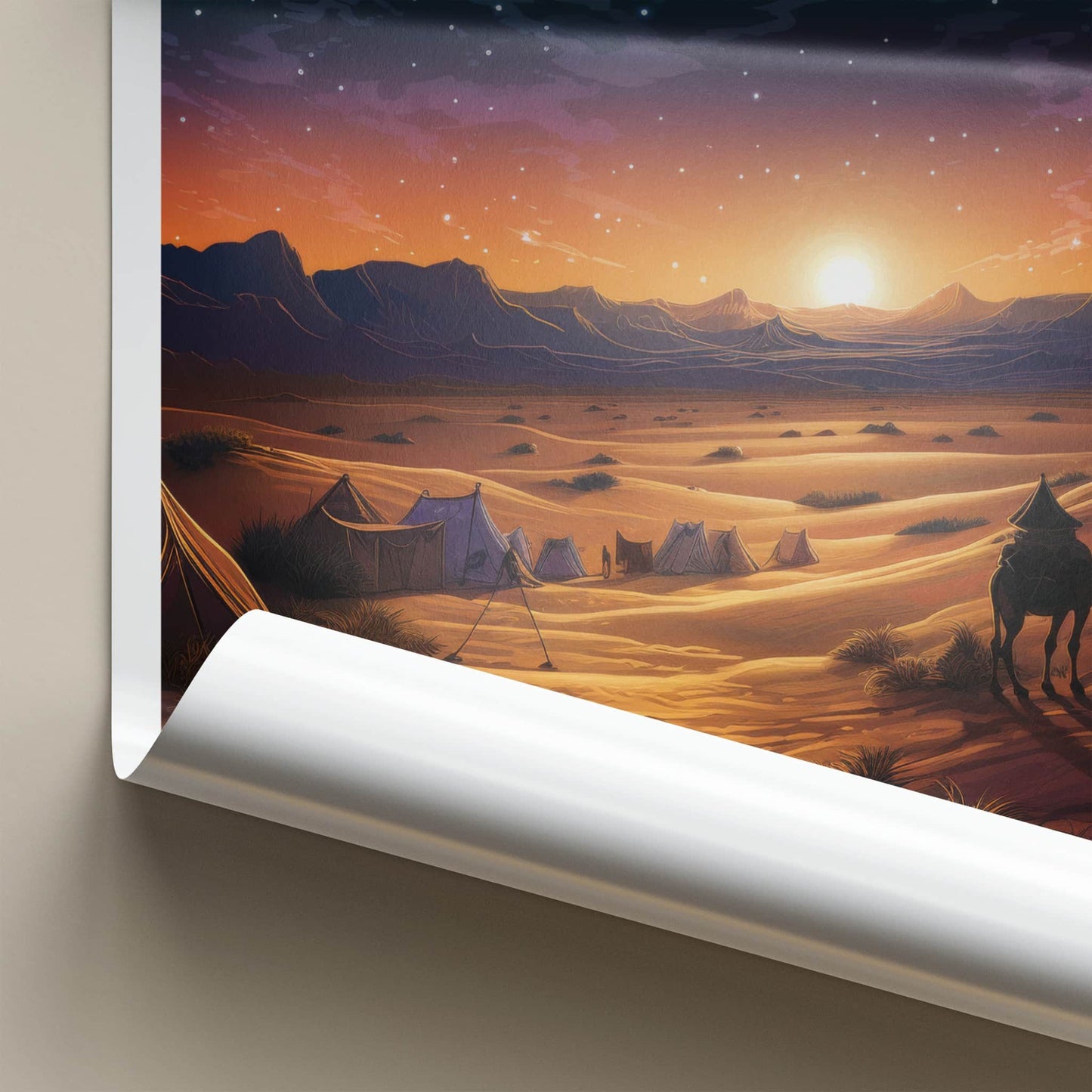 Sahara Desert Poster - Morocco Travel Art - Desert Sunset Camels Home Decor