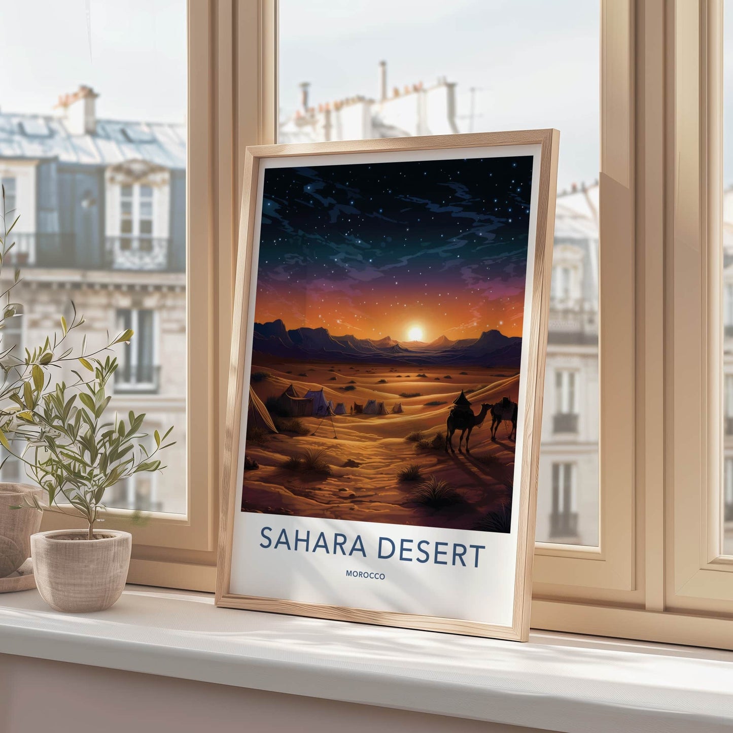 Sahara Desert Poster - Morocco Travel Art - Desert Sunset Camels Home Decor