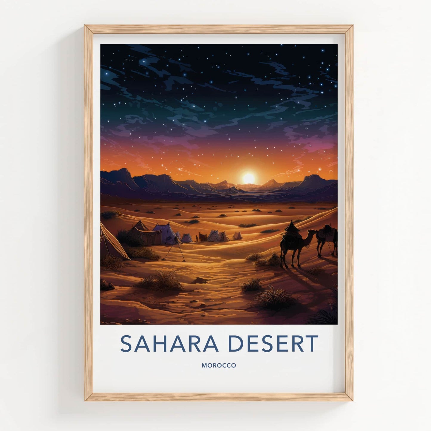Sahara Desert Poster - Morocco Travel Art - Desert Sunset Camels Home Decor