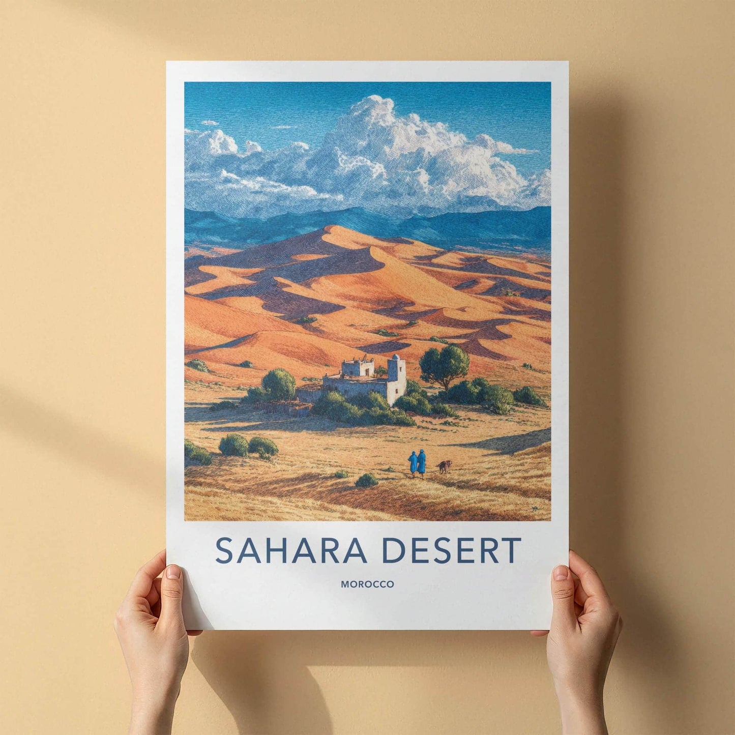 Sahara Desert Poster - Morocco Travel Art - Desert Village Scene Home Decor
