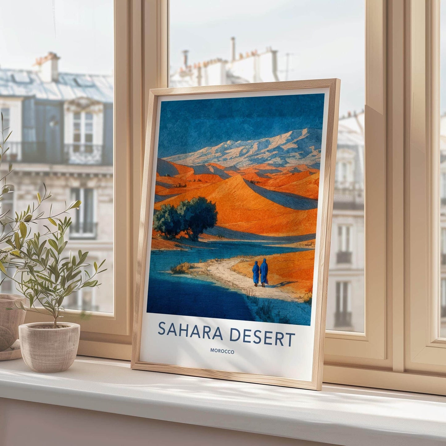 Sahara Desert Poster - Morocco Travel Art - Figures Desert Path Wall Decor