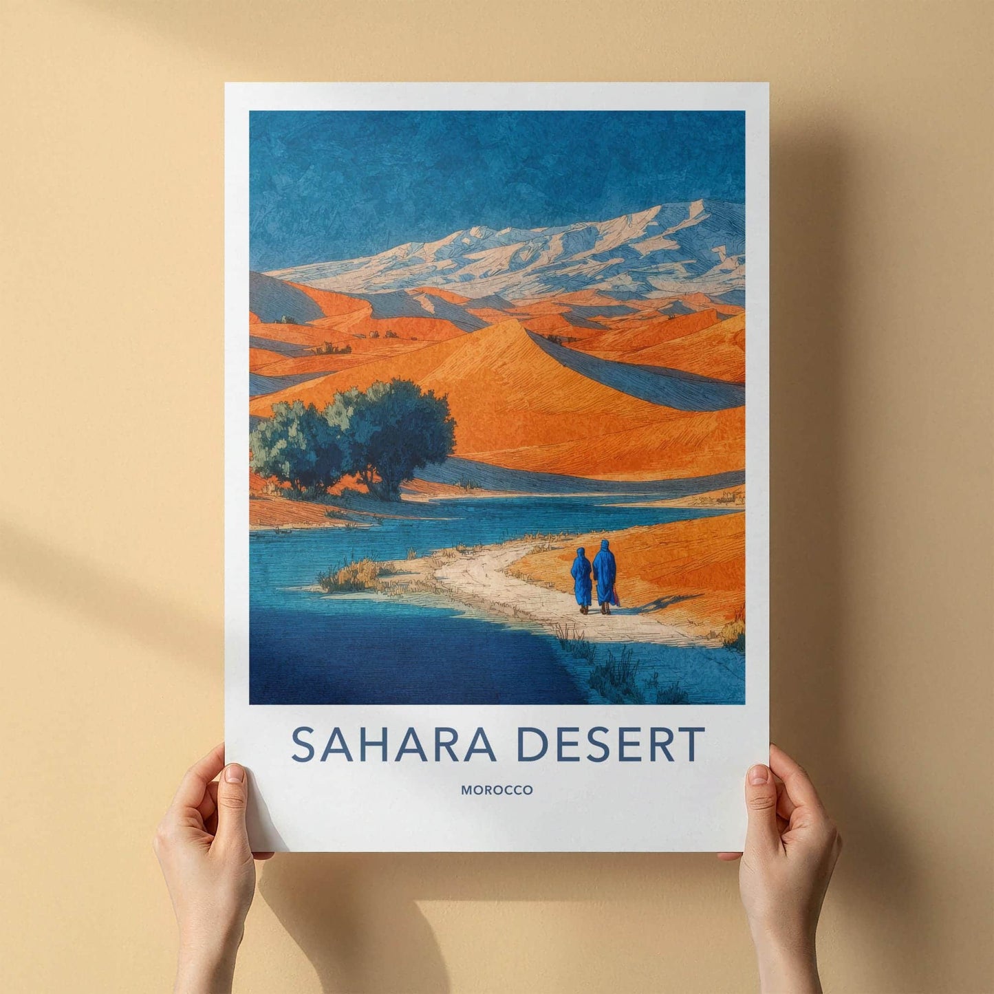 Sahara Desert Poster - Morocco Travel Art - Figures Desert Path Wall Decor