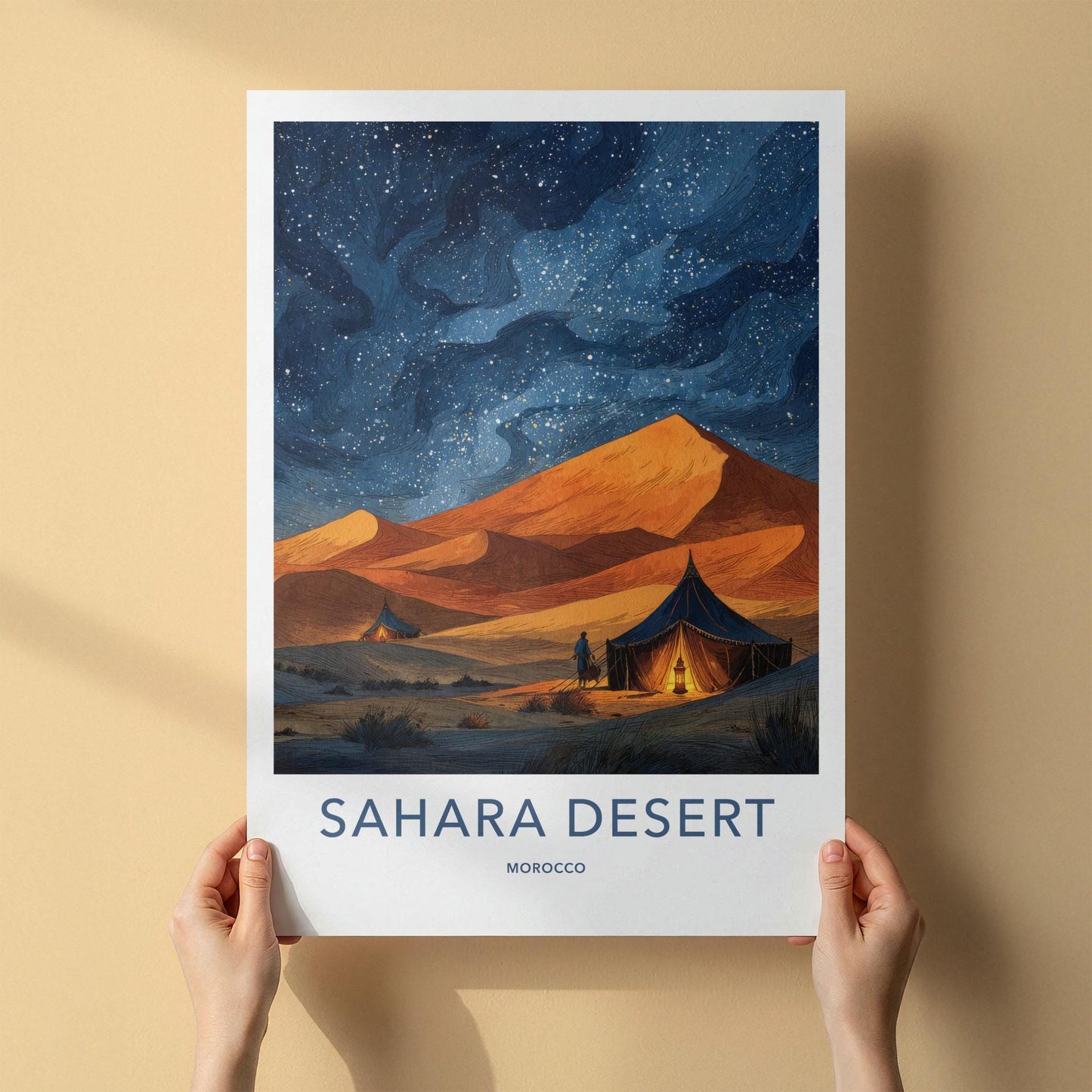 Sahara Desert Poster - Morocco Travel Art - Starry Desert Night Home Decor