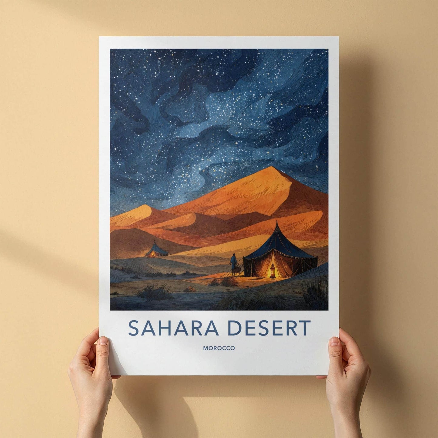 Sahara Desert Poster - Morocco Travel Art - Starry Desert Night Home Decor