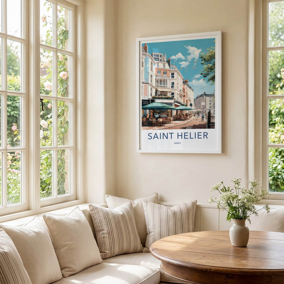 Saint Helier Poster - Jersey Travel Art - Sunny Cafe Street Home Decor