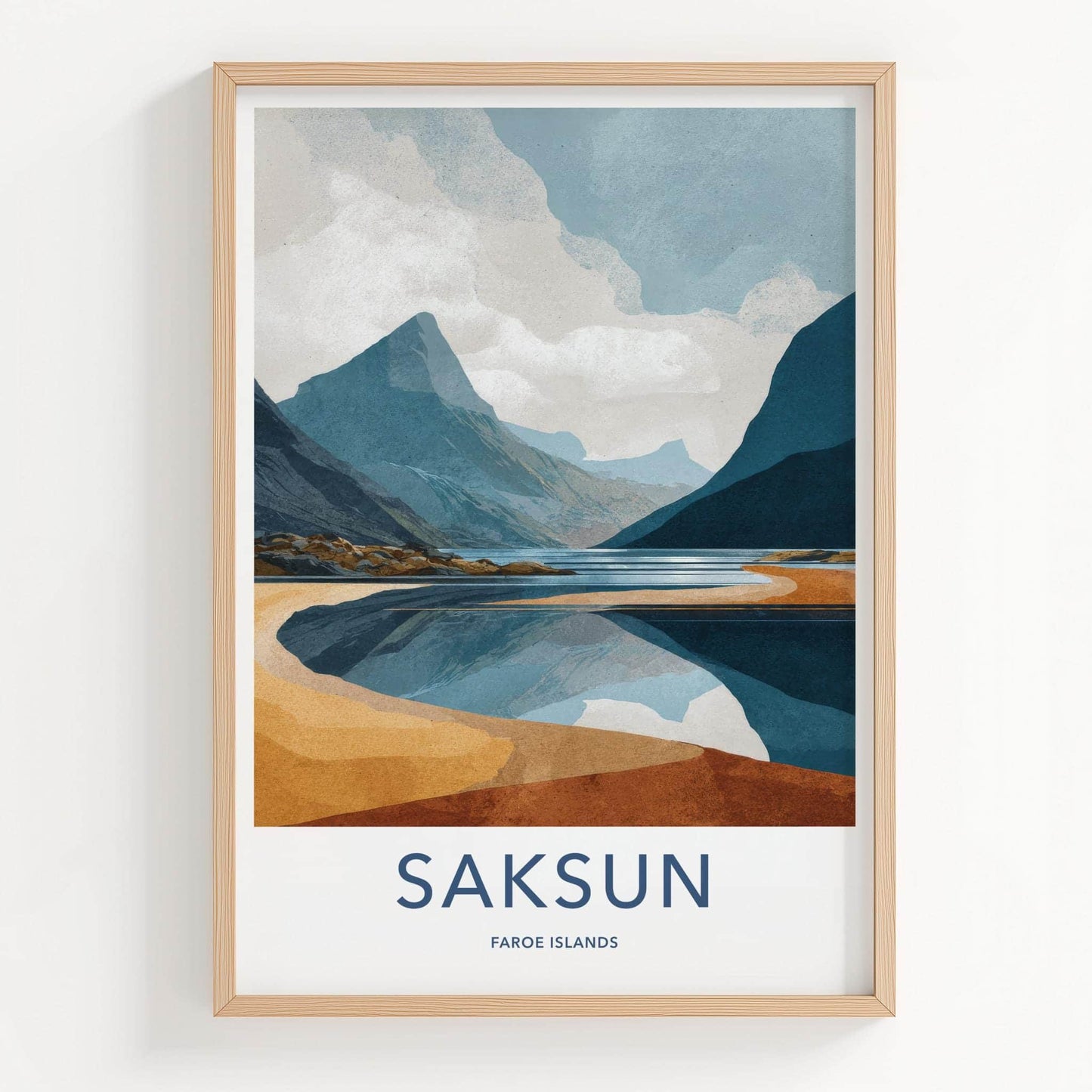 Saksun Poster - Faroe Islands Travel Art - Coastal Mountain Reflection Home Decor