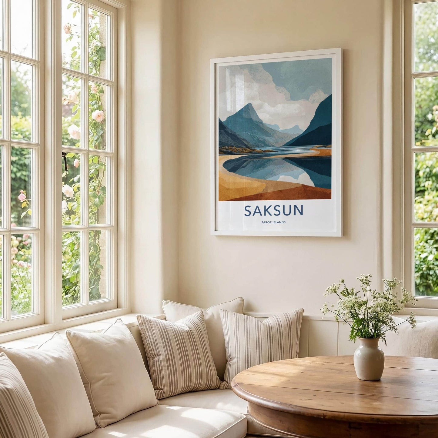 Saksun Poster - Faroe Islands Travel Art - Coastal Mountain Reflection Home Decor