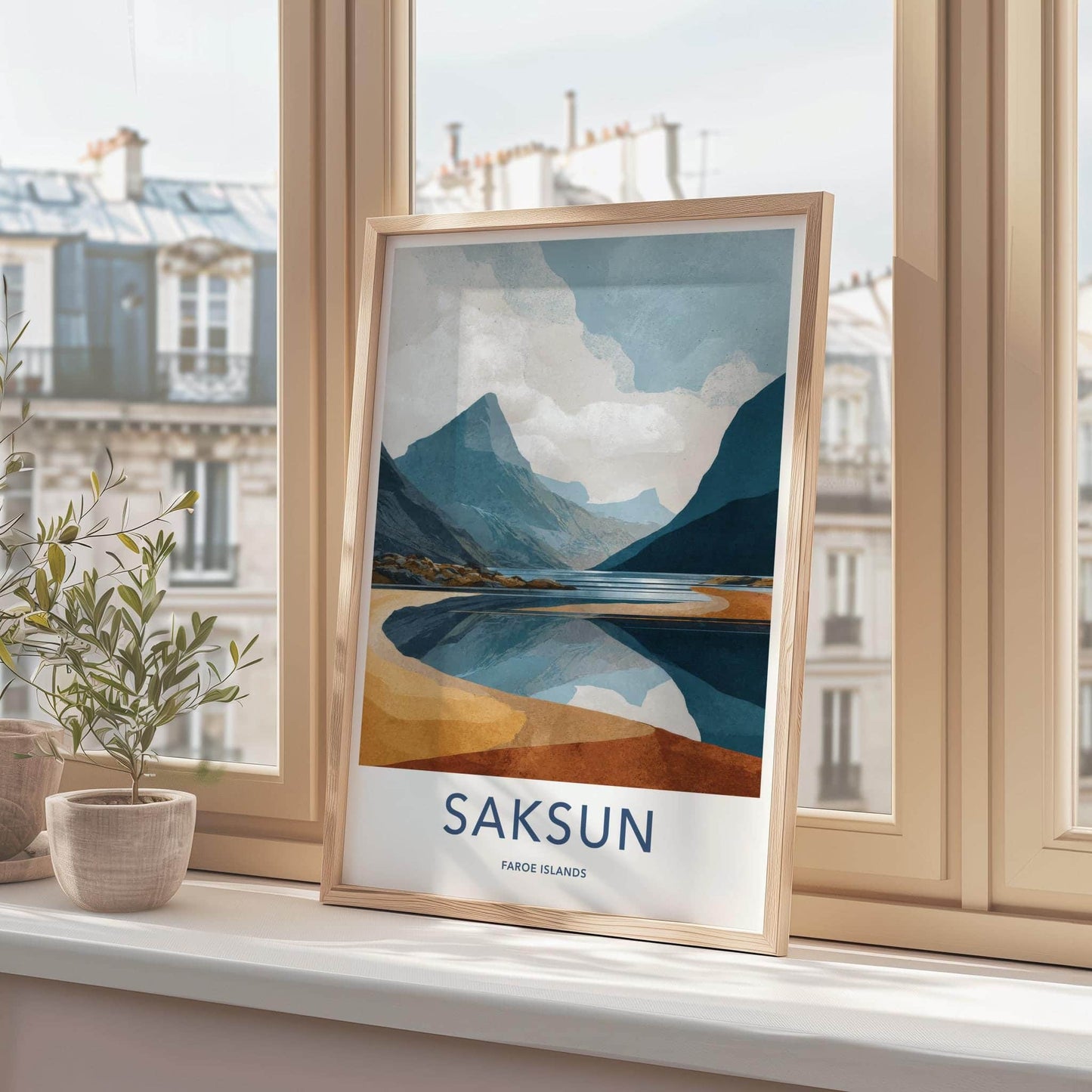 Saksun Poster - Faroe Islands Travel Art - Coastal Mountain Reflection Home Decor
