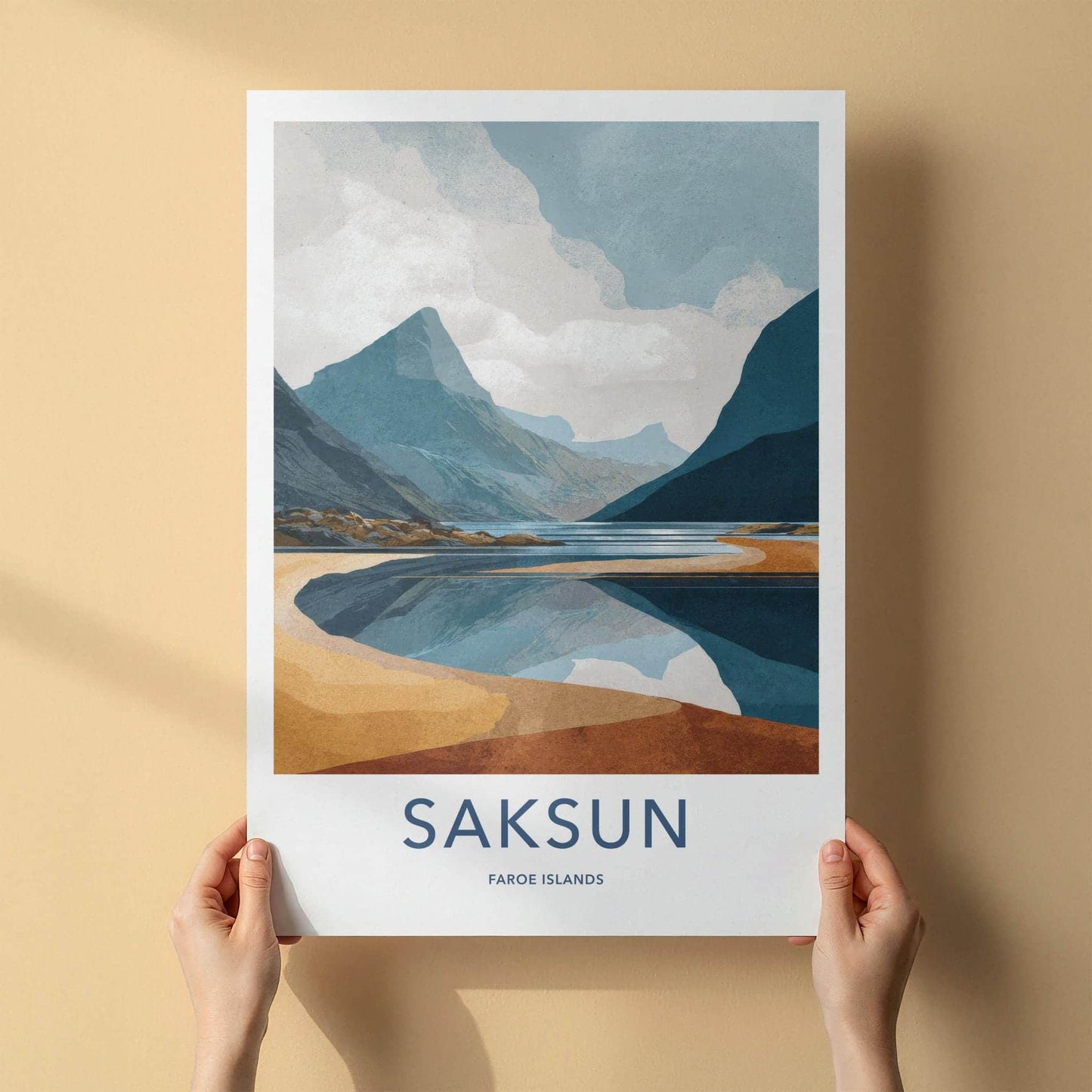 Saksun Poster - Faroe Islands Travel Art - Coastal Mountain Reflection Home Decor