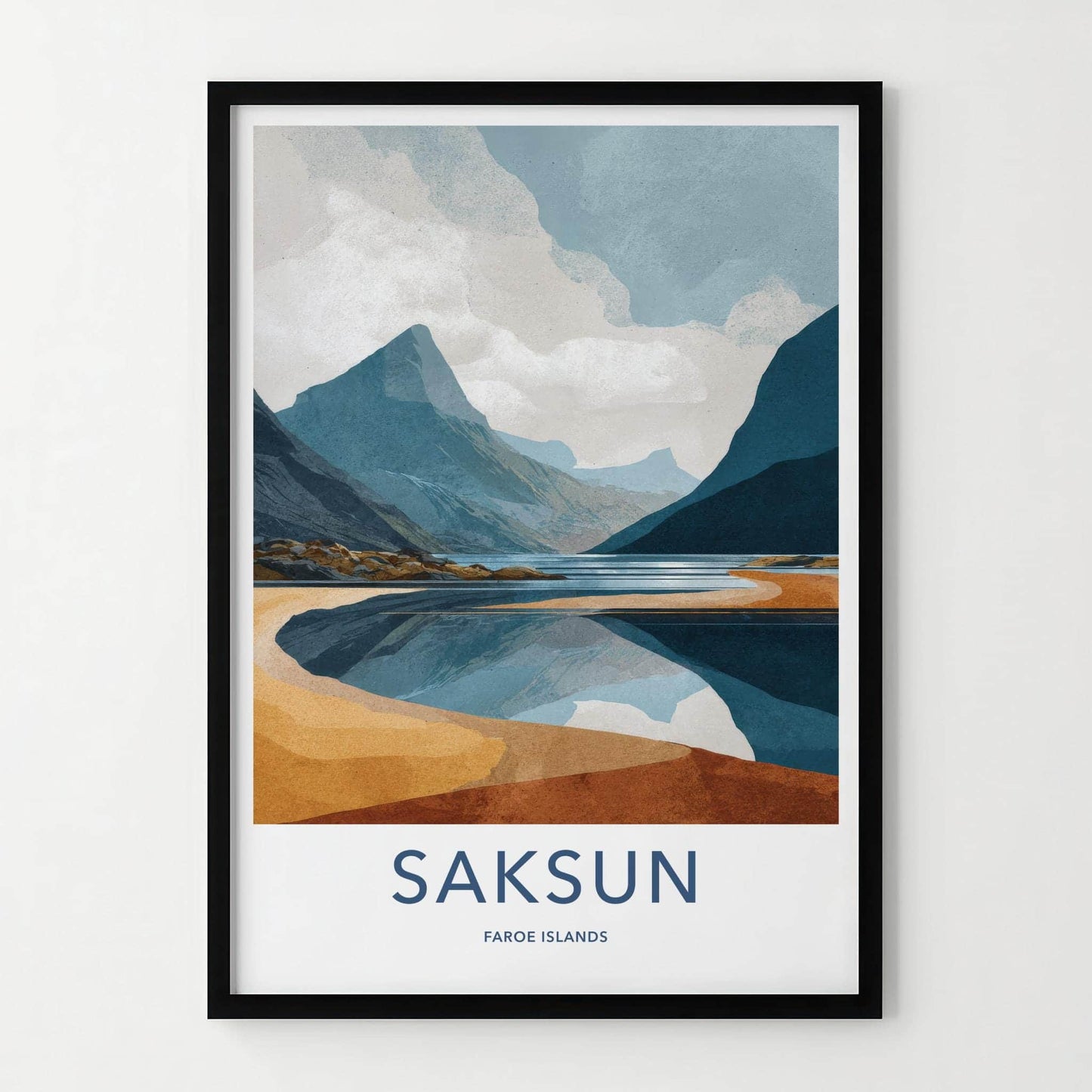 Saksun Poster - Faroe Islands Travel Art - Coastal Mountain Reflection Home Decor