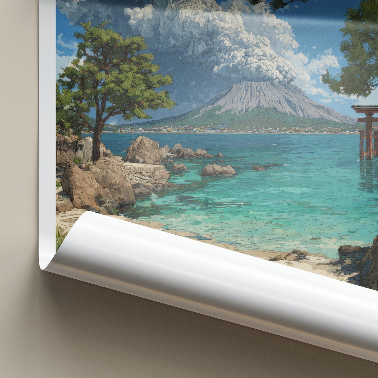 Sakurajima Poster - Japan Framed Print - Volcano Ocean Torii Lounge Decor