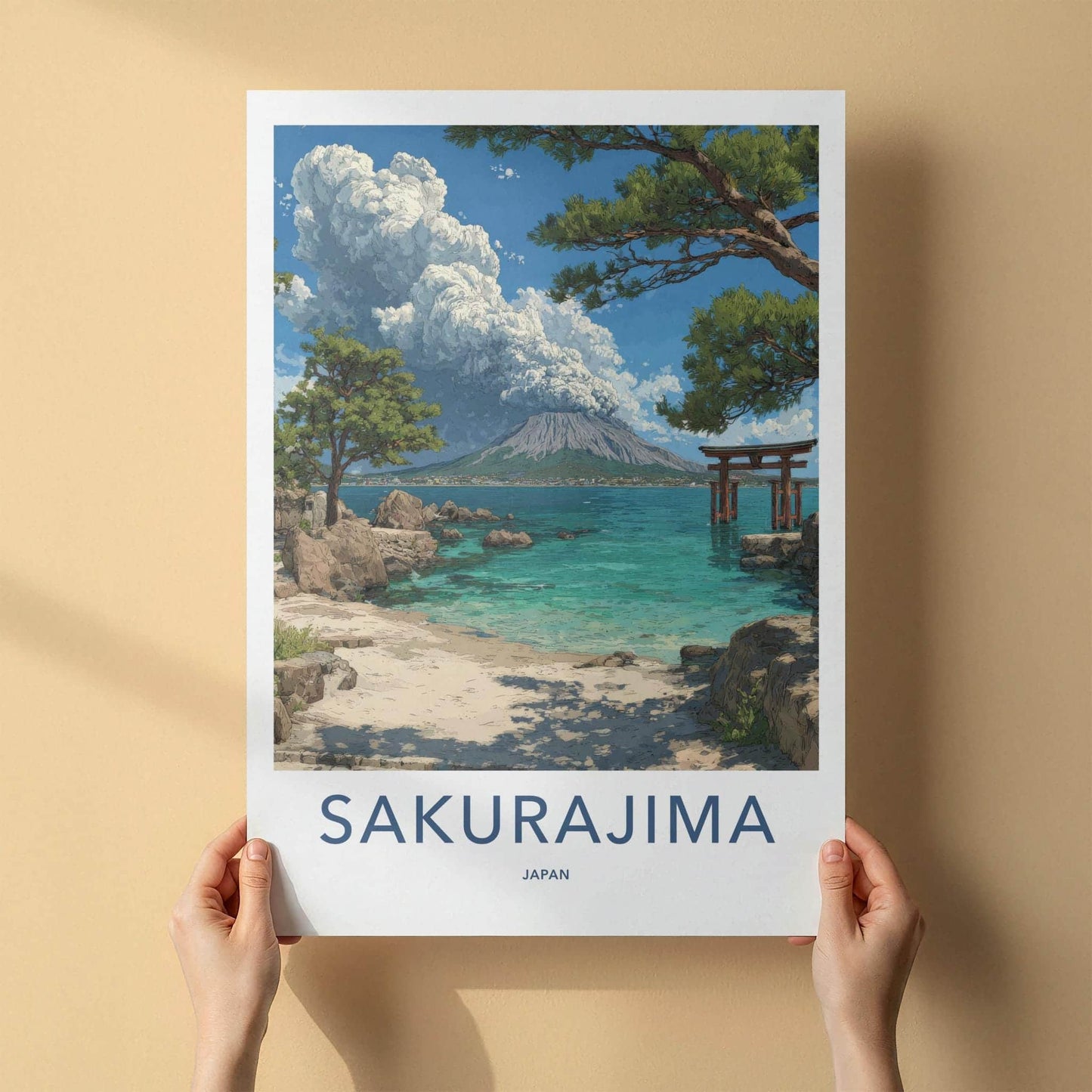 Sakurajima Poster - Japan Framed Print - Volcano Ocean Torii Lounge Decor