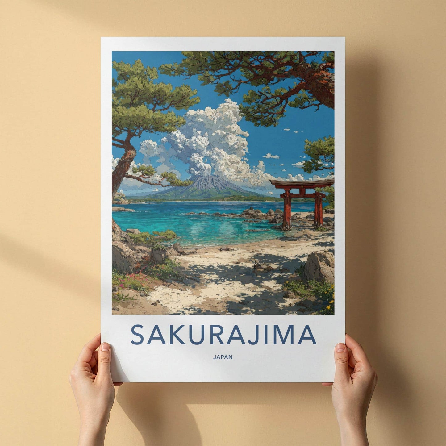 Sakurajima Poster - Japan Travel Art - Volcano Torii Beach Wall Decor