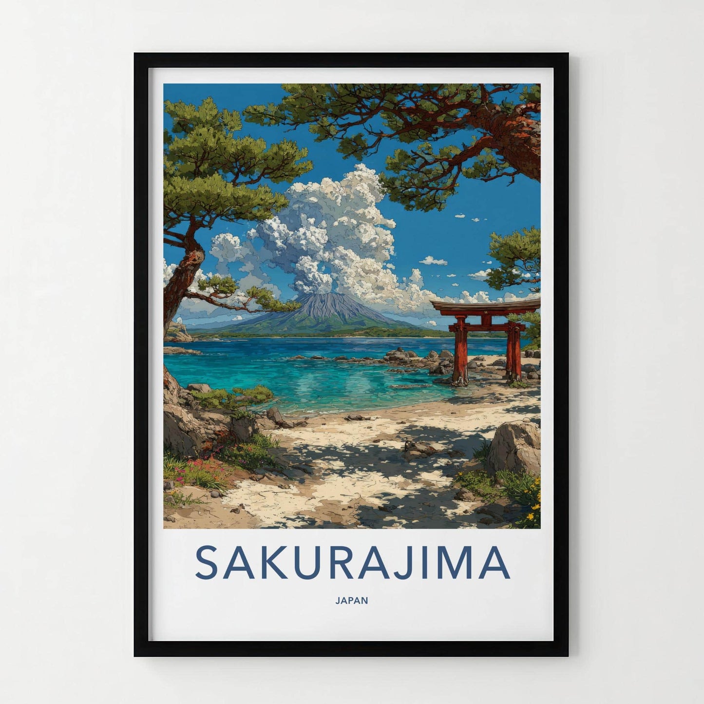 Sakurajima Poster - Japan Travel Art - Volcano Torii Beach Wall Decor